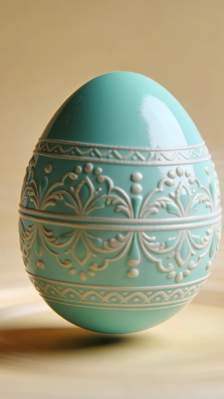 Vertical video: Rotating teal egg revealing embossed band on wood table, camera moving for display