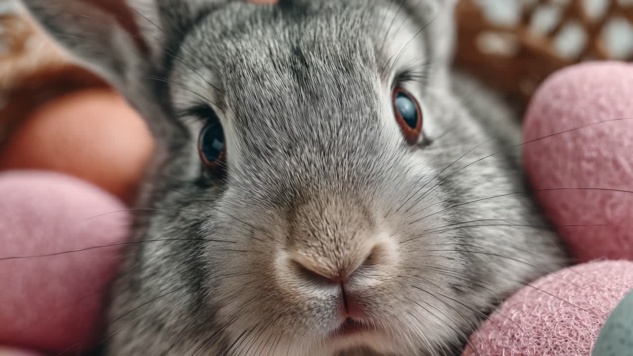 Un adorabile coniglio grigio circondato da colorate uova di Pasqua in un nido accogliente, catturato in un delizioso primo piano, che ne mostra le espressioni affascinanti e le caratteristiche adorabili.