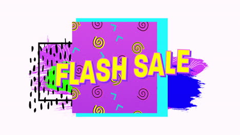 texto de venta instantánea en banner púrpura contra formas abstractas de colores en fondo blanco