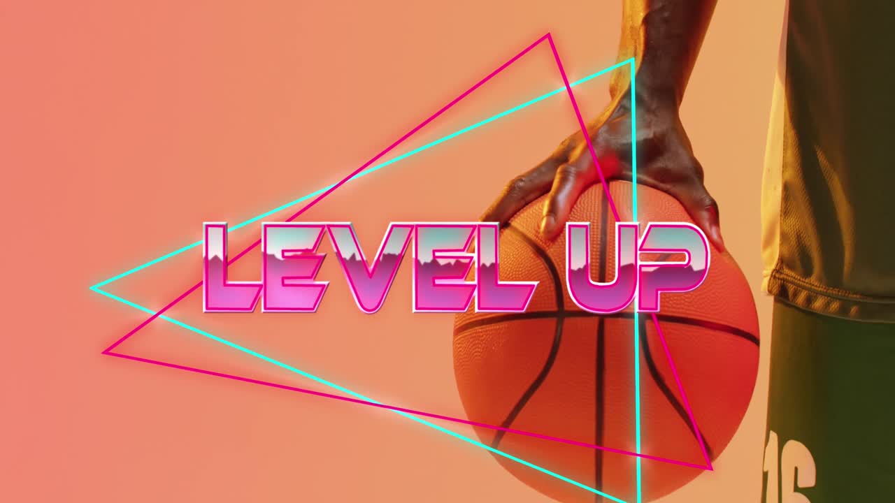 Animation of level up text and neon lines over basketball player on neon background