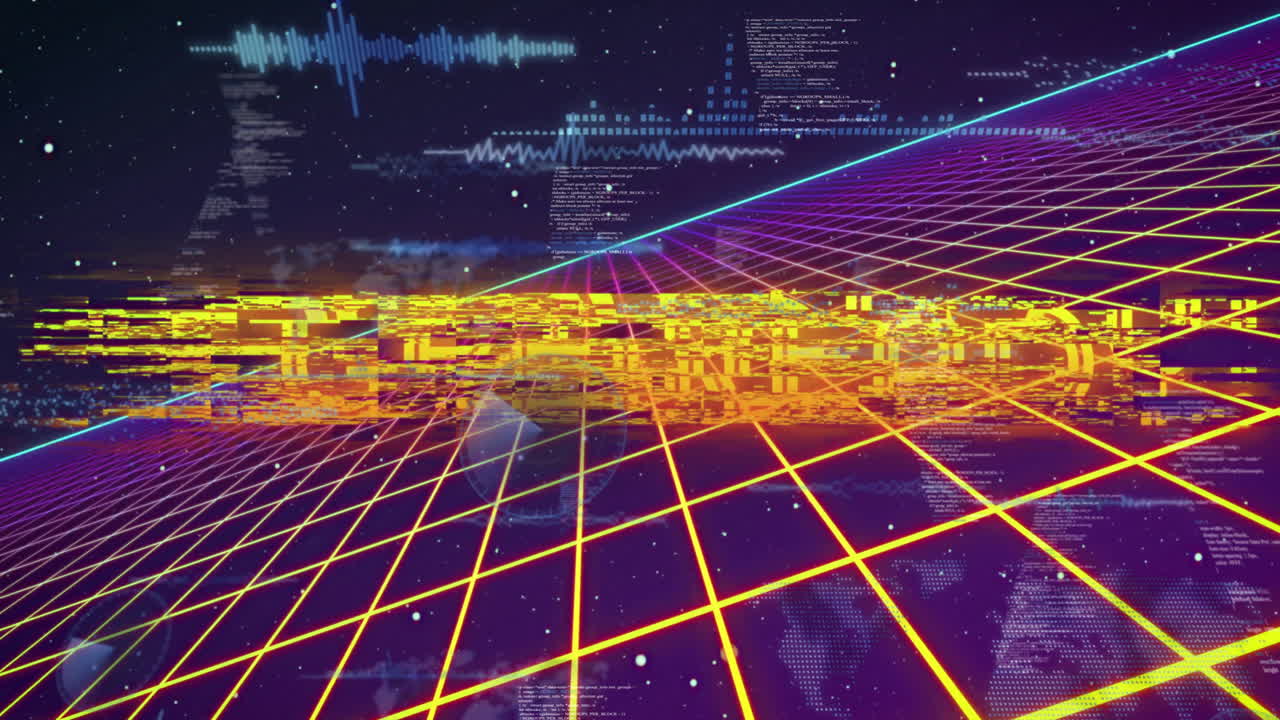 Get Ready text over neon grid and starry background, retro animation style