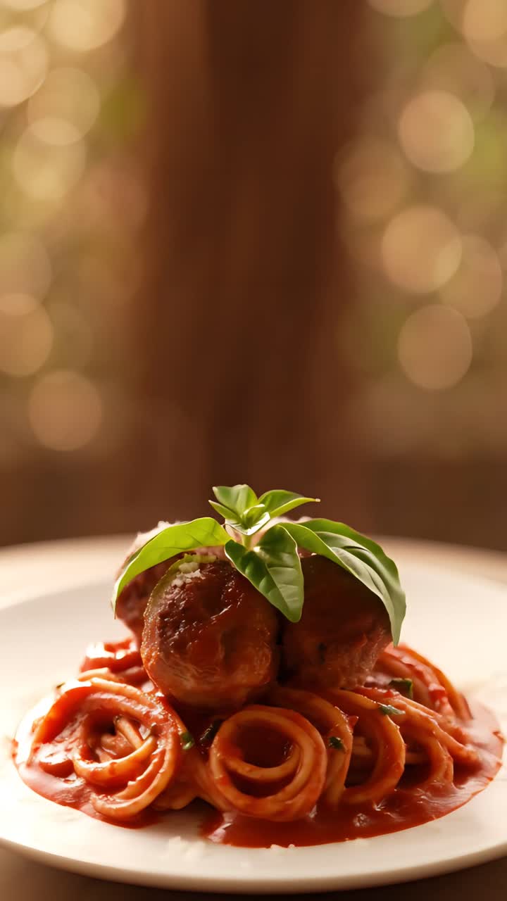 Deliziosi Spaghetti fumanti con Polpette e Basilico Fresco