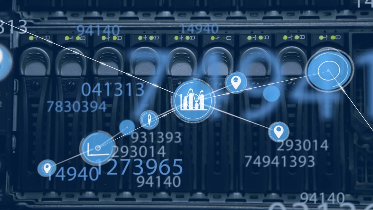 Animation of network of connections with digital icons and numbers over computer server