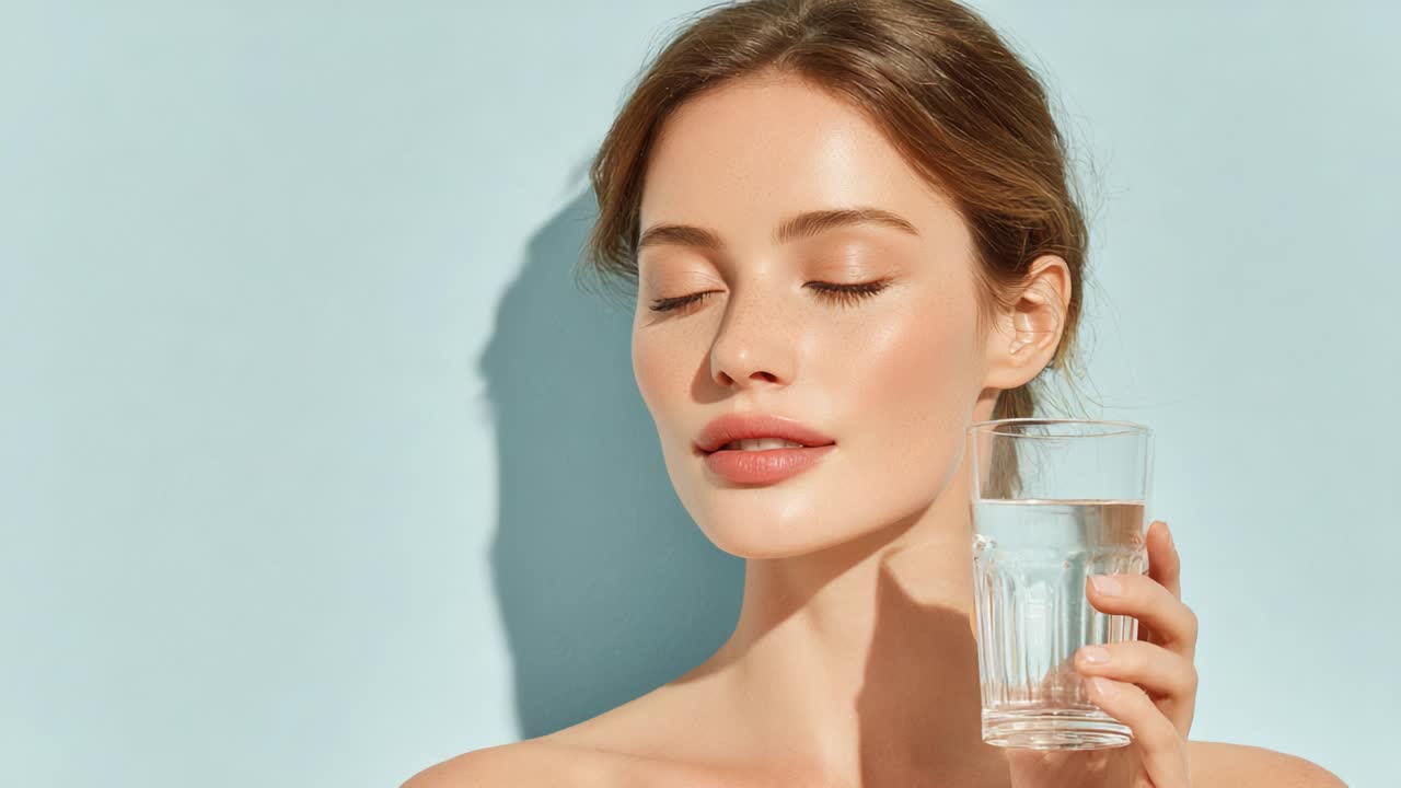 Idratazione rivitalizzante: un momento di serenità con l'acqua che riflette bellezza e benessere, mettendo in mostra eleganza e luminosità naturale in un ambiente tranquillo e con un'illuminazione soffusa