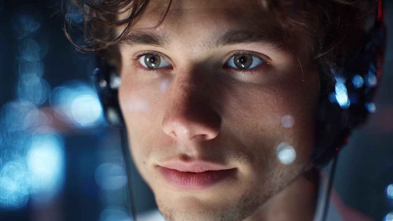 A Close-Up Perspective on the Intense Focus and Emotion of a Young Individual Engaged in Gaming or Creative Activity, Highlighting His Concentration and the Futuristic Atmosphere Created by Ambient Lights