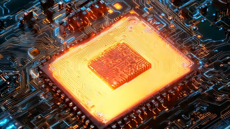 A close up of a computer motherboard with a chip on it