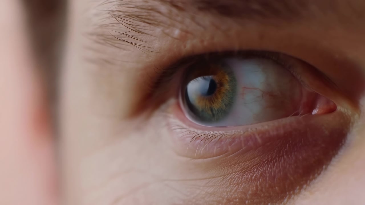 Primo piano occhio umano, iride dettagliata che mostra sottili vasi sanguigni e film lacrimale umido, sguardo laterale e lento