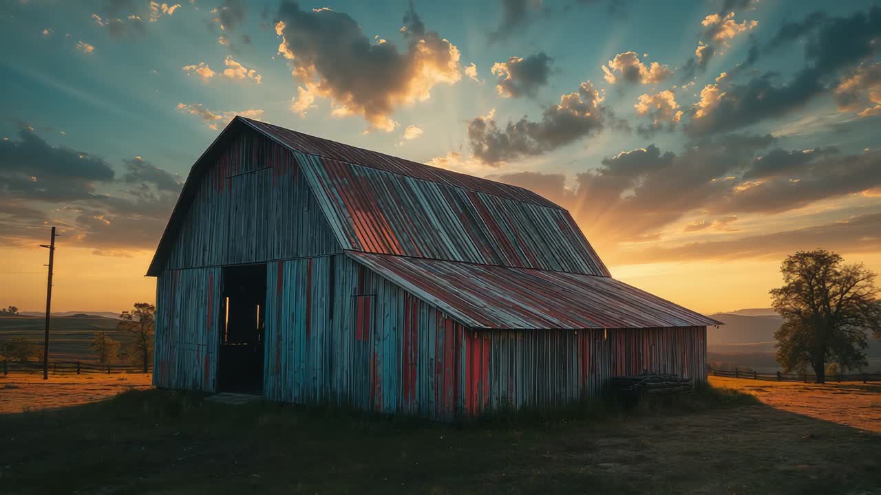 Sinking sun casting golden rays across weathered barn siding near fence line at rural pasture
