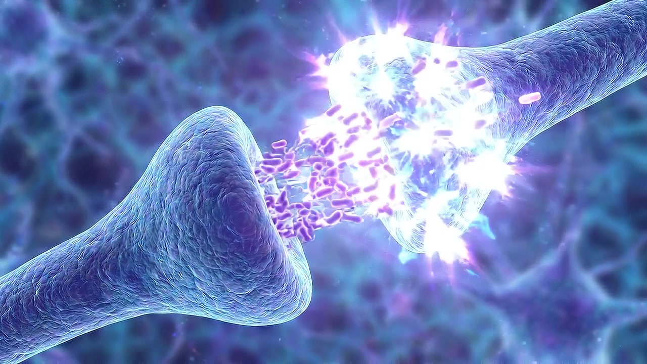 Due neuroni che comunicano attraverso una fessura sinaptica luminosa in blu, in vista scientifica