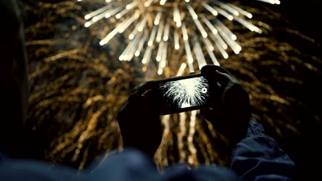 silhouette of a man photographing fireworks at night sky. beautiful salute in honor of the holiday