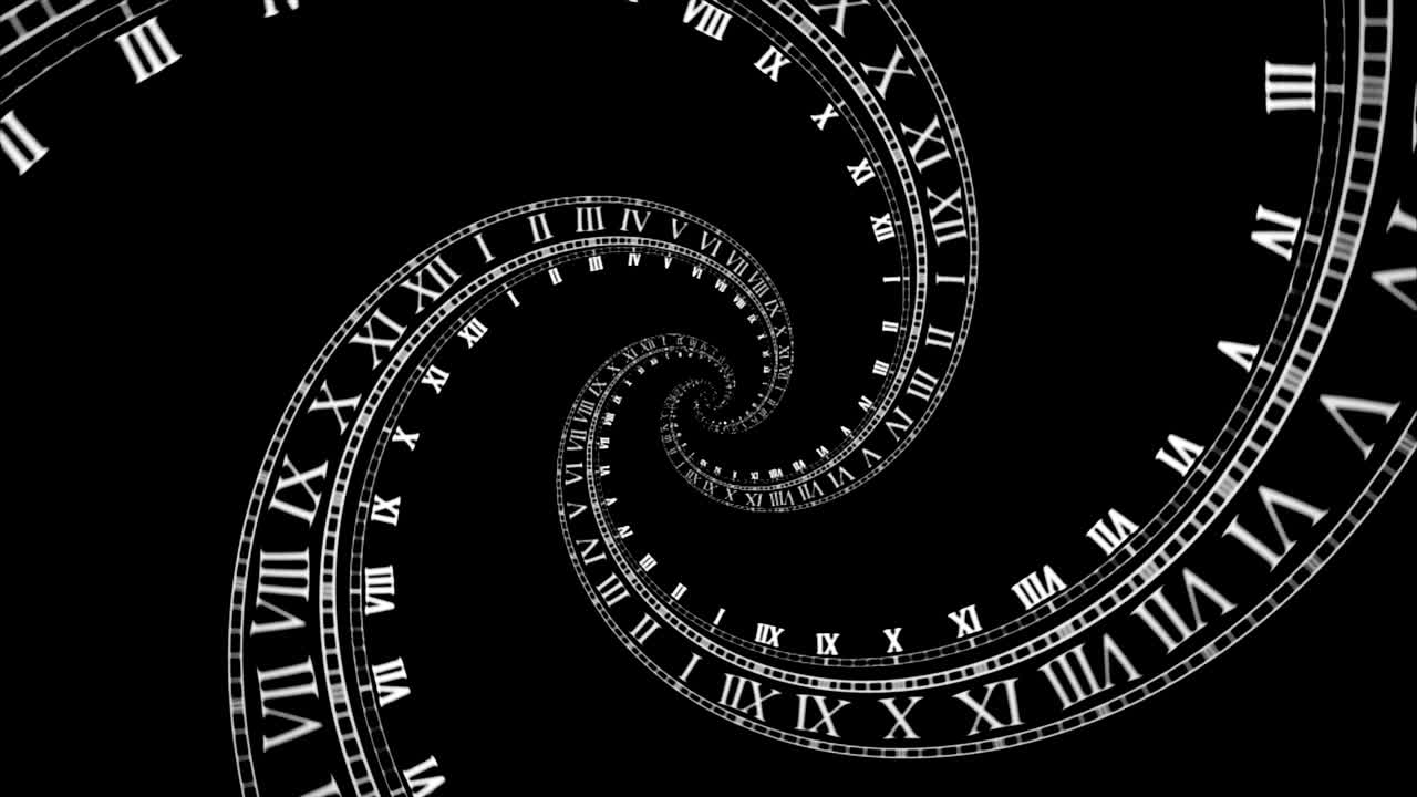 검은색 바탕에 로마 숫자로 된 회전하는 나선형 시계
