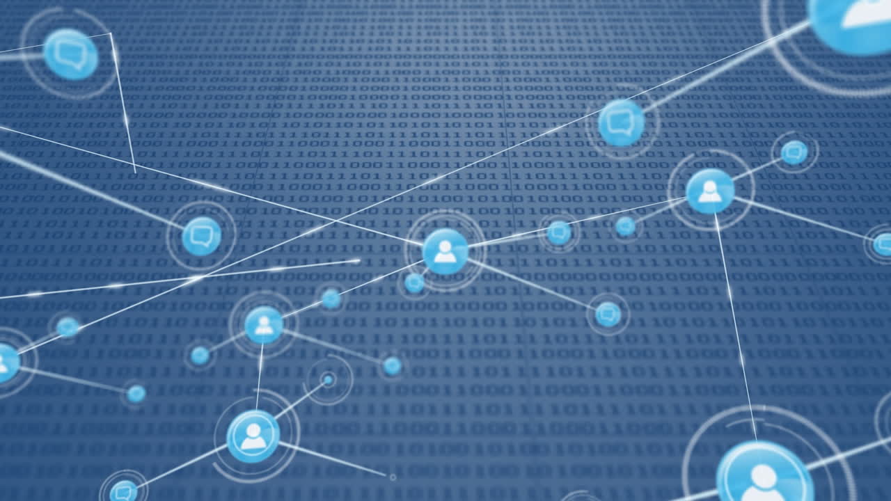 Animation of network of connection with icons over blue background with binary code