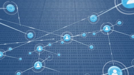 animación de la red de conexión con iconos sobre fondo azul con código binario