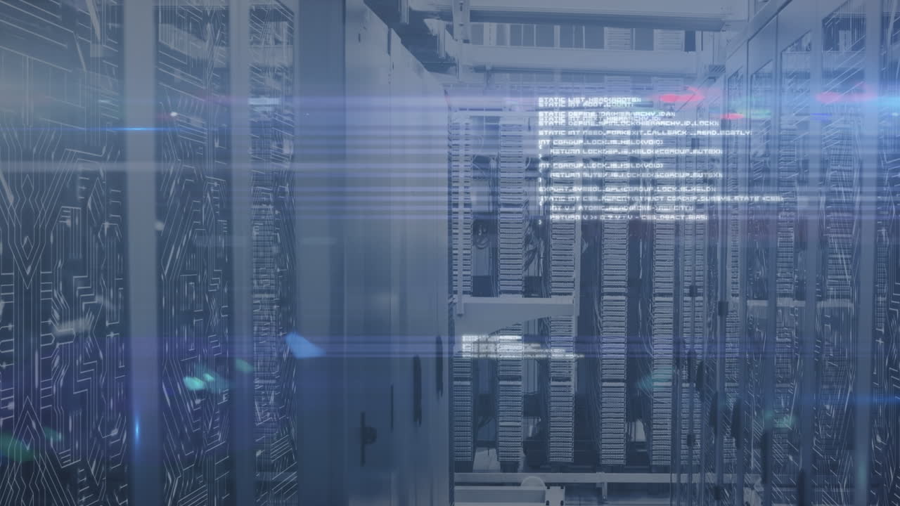 Animation of data processing and lights over servers
