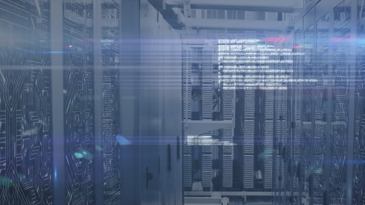 Animation of data processing and lights over servers