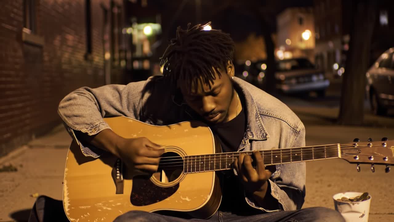 A Soulful Street Performance: An Artist Playing Acoustic Guitar Under the City Lights at Night, Evoking Emotion Through Music and Passion in a Vibrant Urban Setting