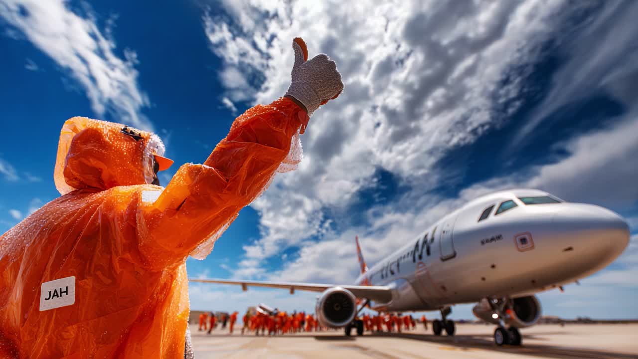 A Ground Crew Member Celebrates with a Thumbs-Up Gesture While Wearing Protective Gear, Signifying the Successful Arrival of an Airplane Against a Stunning Sky