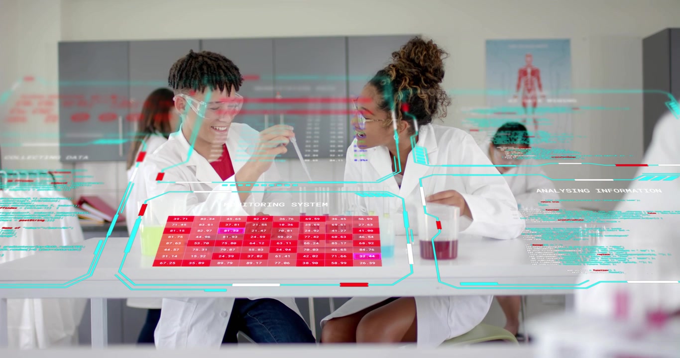 Estudante de ciências trazendo pipeta aciona sobreposição digital e realiza teste de mudança de cor no laboratório.