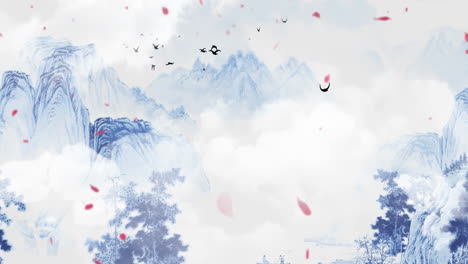 fantasy bright ambience landscape of beautiful morning sky, mountains, flowers, lake, ancient house with simple animation in japanese chinese anime watercolour style