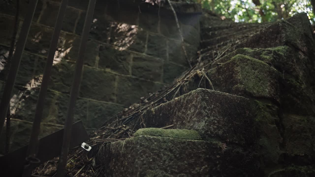 Ruins of Laputa Island, Tomogashima in Wakayama. Sunrise over staircase