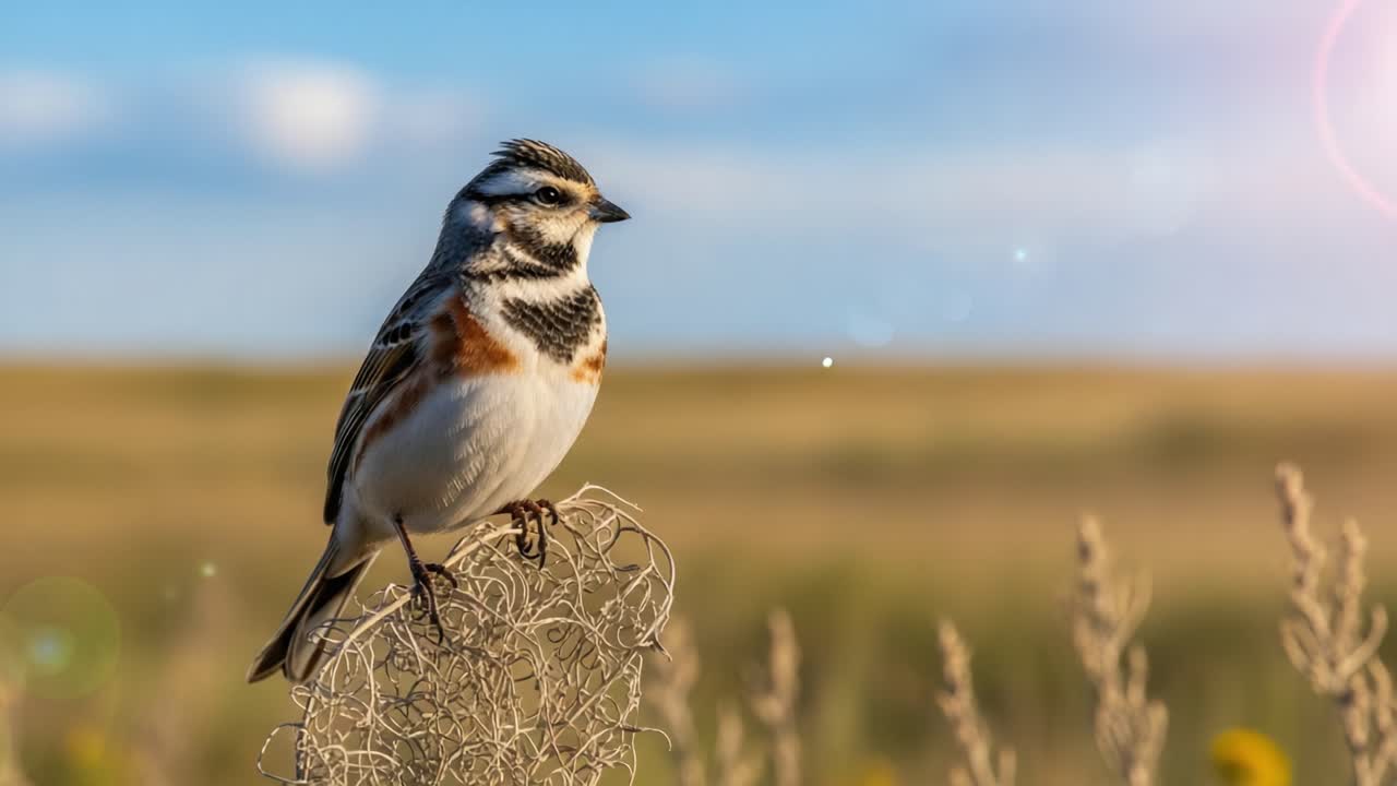 A captivating bird perched gracefully on a delicate twig, showcasing vibrant plumage against a soft, blurred landscape at sunset, radiating serene beauty and harmony with nature