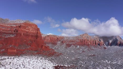 aerial pan of bell rock and courthouse butte, village of oak creek, sedona arizona - after a snowfall