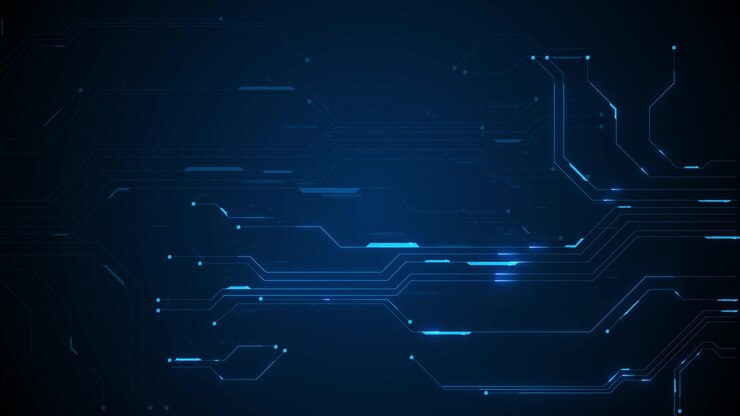 Sfondo tecnologico a circuito blu con linee luminose, spazio digitale scuro e percorsi elettronici puliti