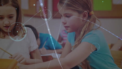 animation of network of connections over diverse schoolchildren in classroom