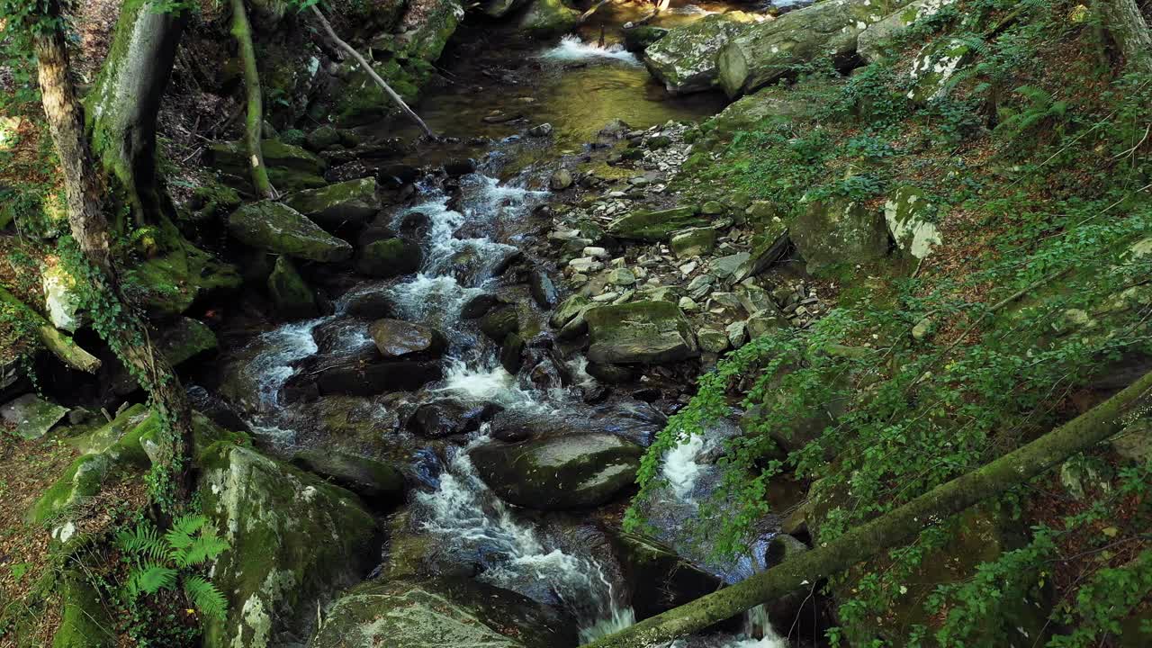 Drone flzing above Mountain river, rocks and boulders in forest, Bistriski Vintgar gorge on Pohorje, Slovenia, hiking and outdoor tourism landmark, ecology clean water concept, natural resources