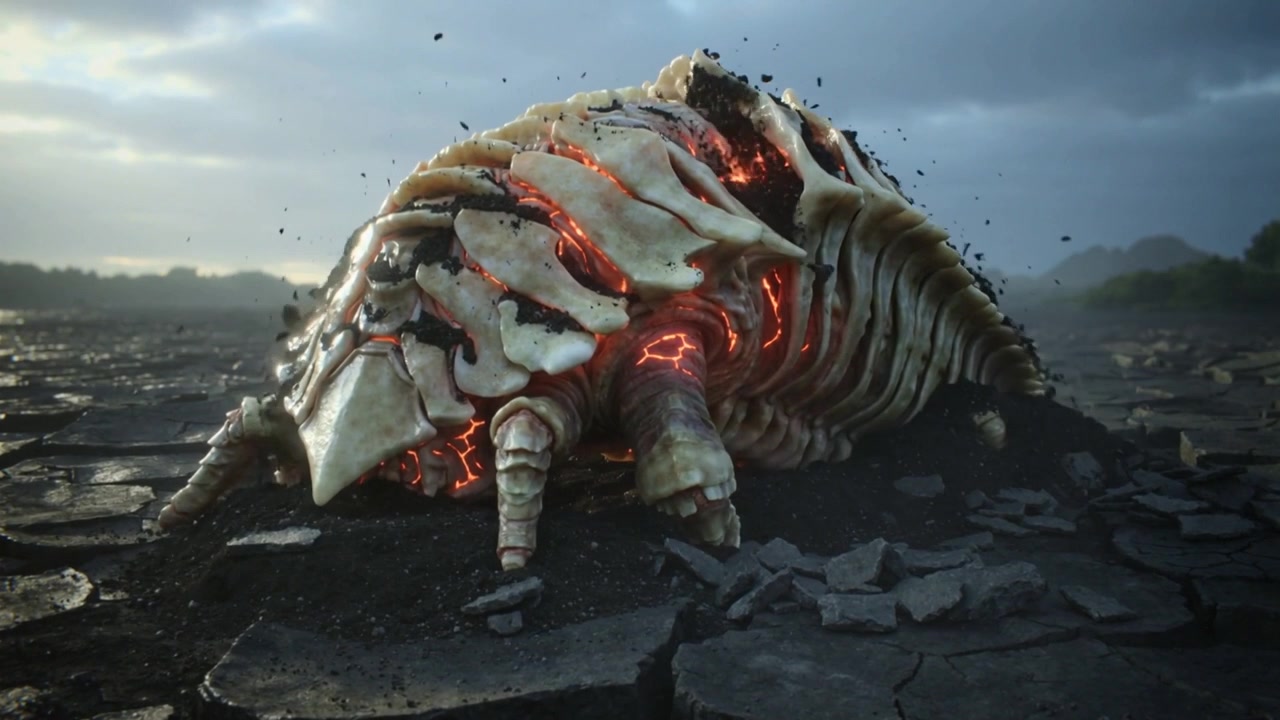 Glowing fissures causing plated creature rising on cracked plain, exposing ribbed belly to emerge