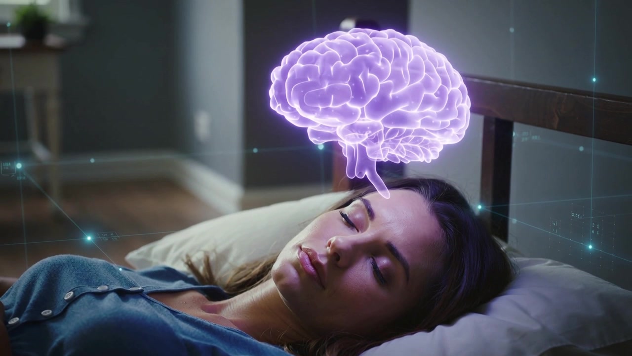 Donna sdraiata con top blu in camera da letto, ologramma cerebrale viola che si innalza sopra la testa, nodi che si formano per il riposo