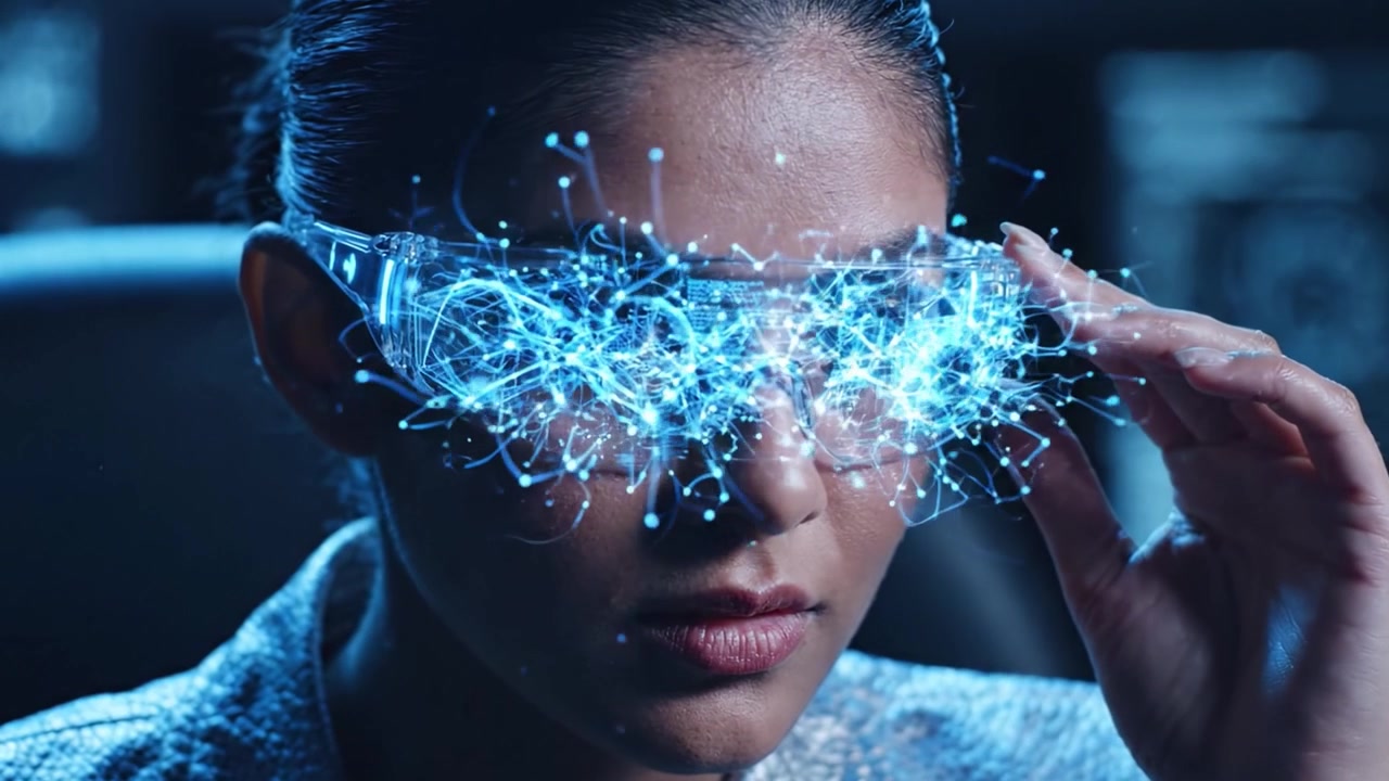 A Focused Individual Wearing Smart Glasses with Digital Displays, Capturing the Essence of Futuristic Technology and Innovation in a High-Tech Environment