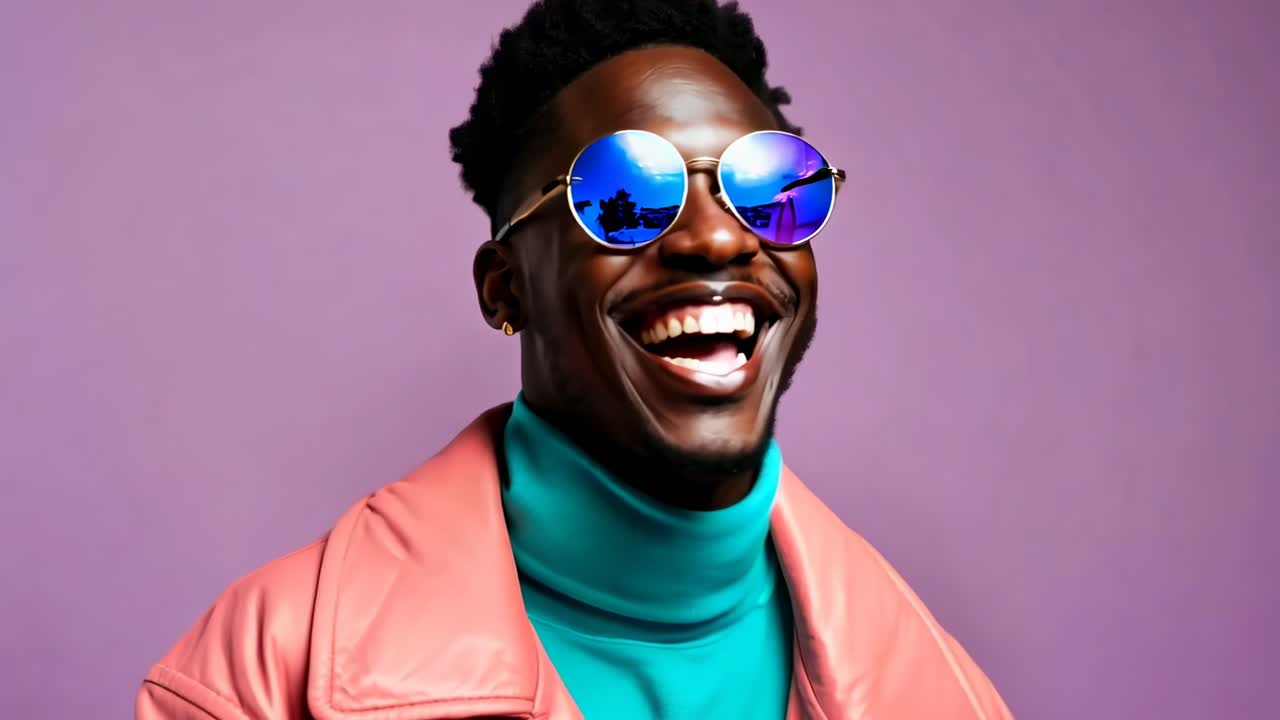 Vibrant video concept with a close-up, low-angle shot of a stylish person in colorful attire