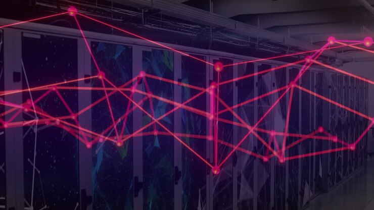 Animation of connected dots over globes on data server racks in server room