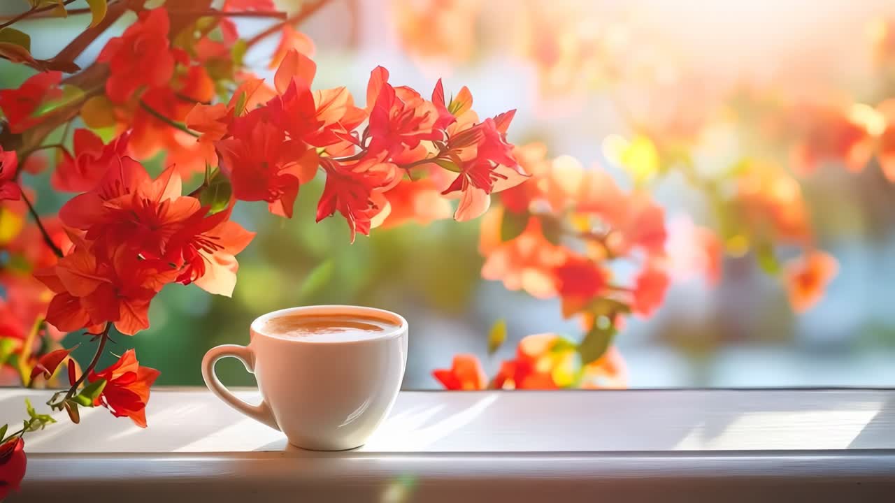 꽃이 피는 나무 에 있는 창문 앞에 앉아 있는 커피 한 잔