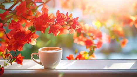 a cup of coffee sitting on a window sill next to a flowering tree