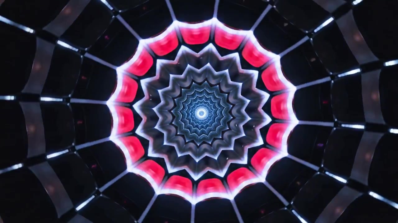 Mandala centrale pulsante con anelli stellari che si espandono, colore cangiante su pannelli scuri, raggi che illuminano il nucleo.