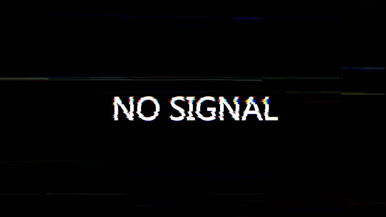 Testo 'Nessun segnale' con effetto glitch su schermo nero