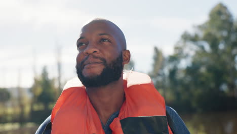 Happy,-relax-and-kayak-with-black-man-in-nature