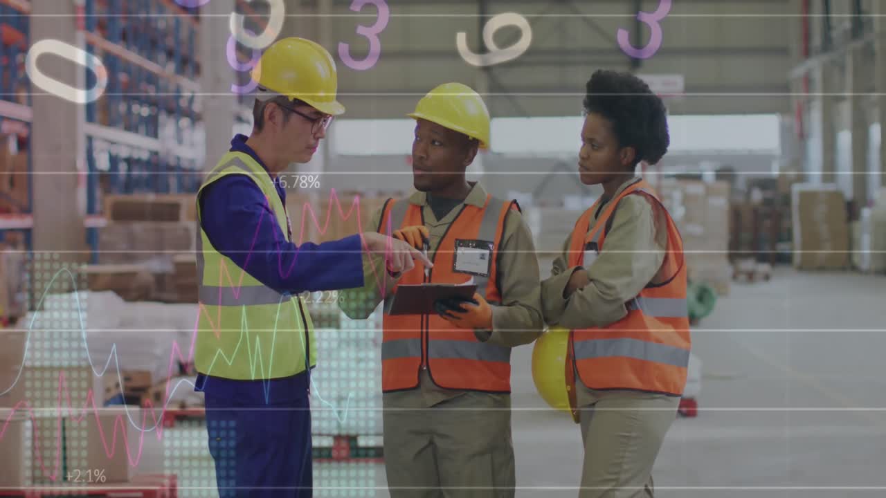 animación de números y procesamiento de datos sobre diversas personas que trabajan en el almacén