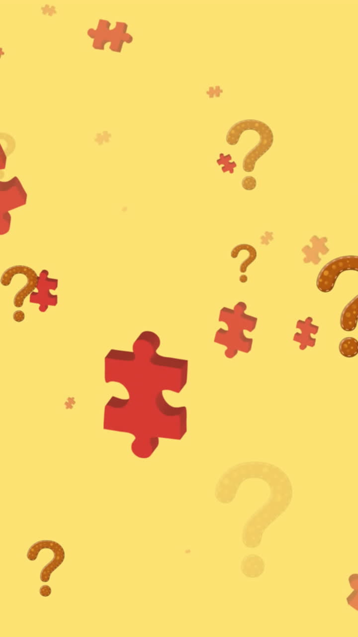 Animation of puzzles and question marks floating over yellow background