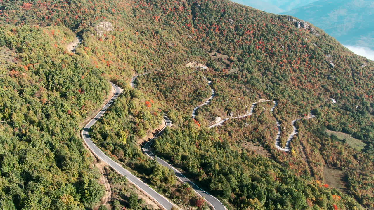 A road winds through a hillside covered in trees The road is gray and the trees are green and brown A mountain is in the background