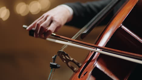 closeup view of violoncello and hands of musician cellist is playing cello in symphonic orchestra