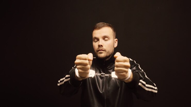 Dramatic studio shot of a man holding imaginary prison bars while wearing handcuffs. Concept of imprisonment, loss of freedom, justice system, guilt and legal consequences