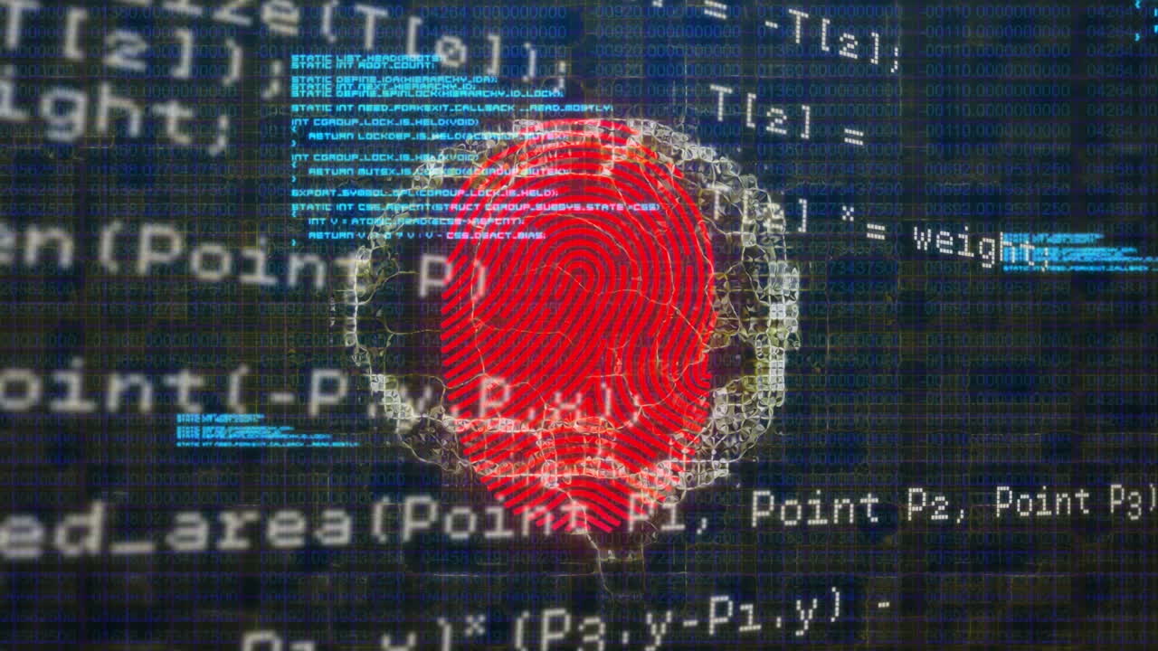 Animation of digital screen with fingerprint, brain and data processing