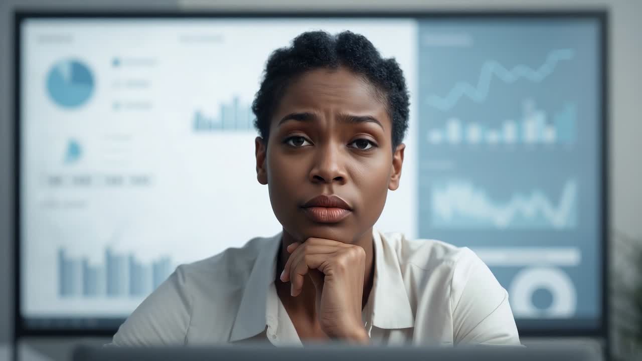Noticing laptop alert, woman in white shirt opening eyes and reacting at office, with display