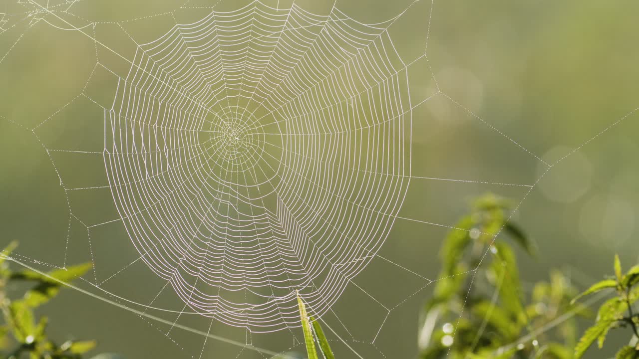 telaraña llena de gotas de agua de rocío matutino a la luz del amanecer