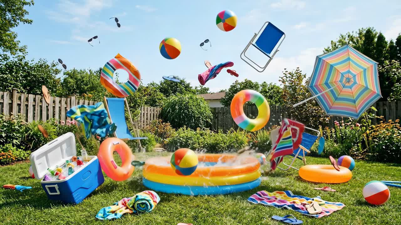 Itens Vibrantes de Festa na Piscina de Verão Voando e se Organizando no Quintal