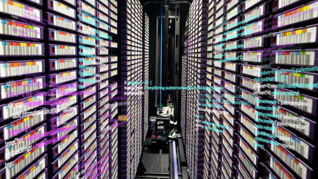 animación de lenguaje informático multicolor en una gran sala de servidores de datos