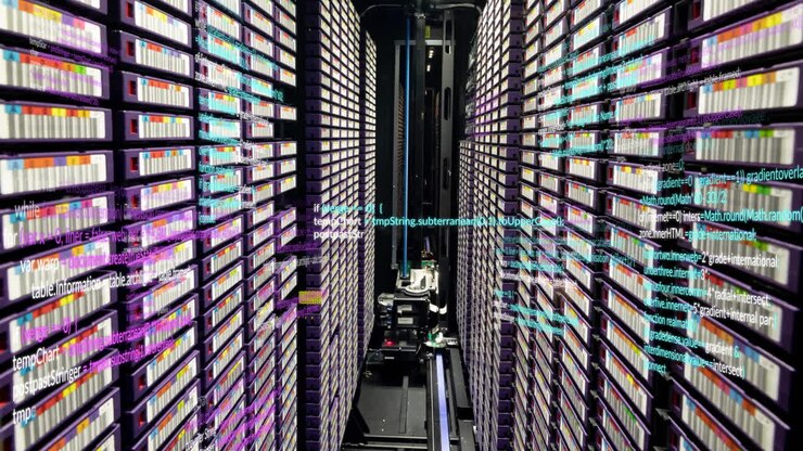 Animation of multicolored computer language over large data server room